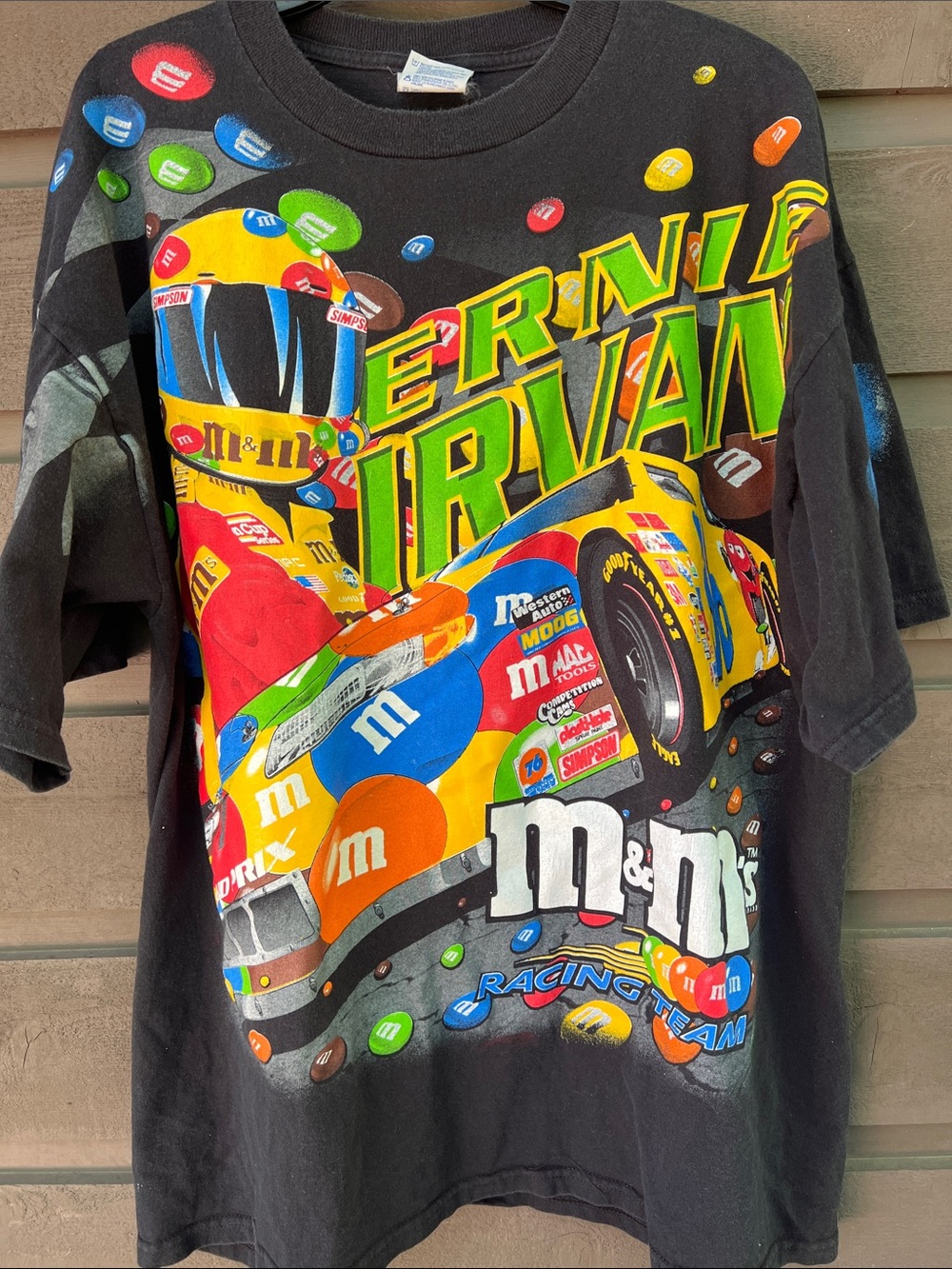 M&M'S Ernie Irvan Tee with Yellow, Red, Blue, Green and Orange Racing Graphics